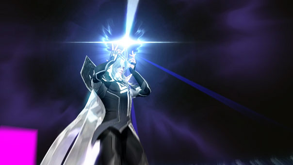 A mage wearing black and silver cape with magic in his hand