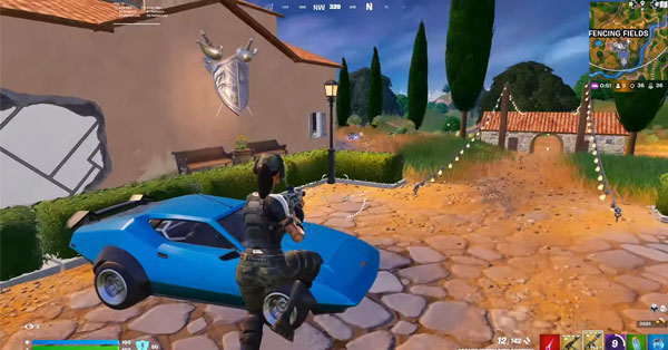 Female Fortnite player with Blue sports car in village